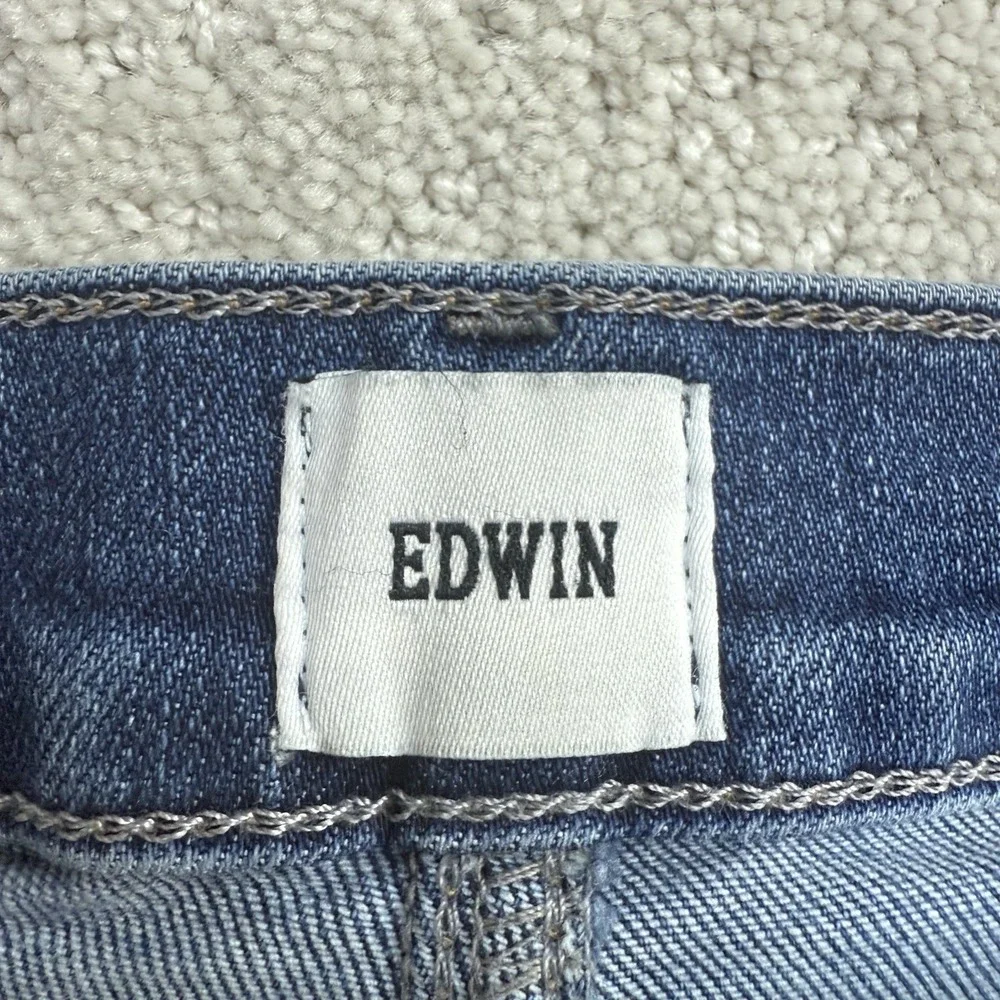Edwin‎ Womens Slim Straight Jeans 29X25 Blue Raw Hem Stretch $180
